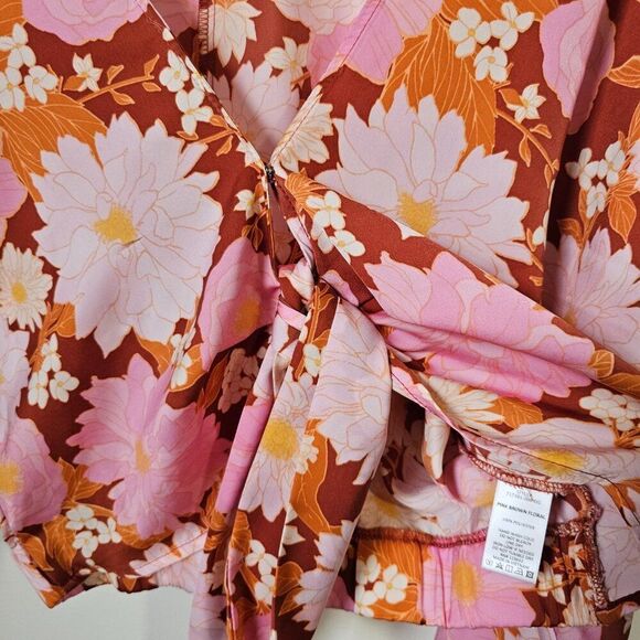 EUC LIKE NEW LUSH PINK / BROWN FLORAL V NECK BATWING SLEEVES TOP SIZE L - Picture 5 of 13
